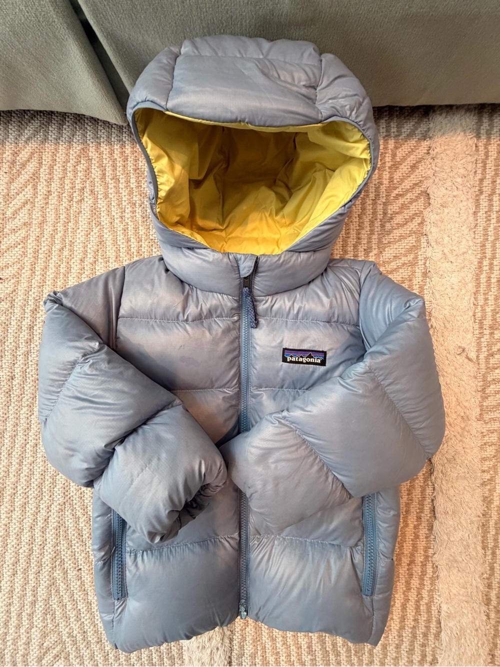 Patagonia Light Blue Kids Hooded Puffer Jacket with Yellow Lining